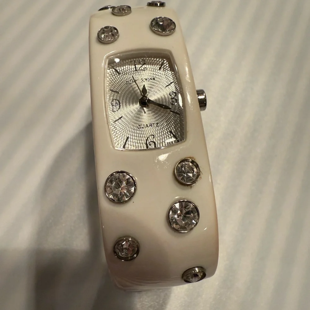 Vtg Betsy Johnson Swarvoski Watch Hinged Cuff Bracelet